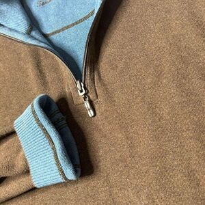 Tommy Bahama Sweater Mens L Blue Brown Quarter Zip Reversible‎ Pullover